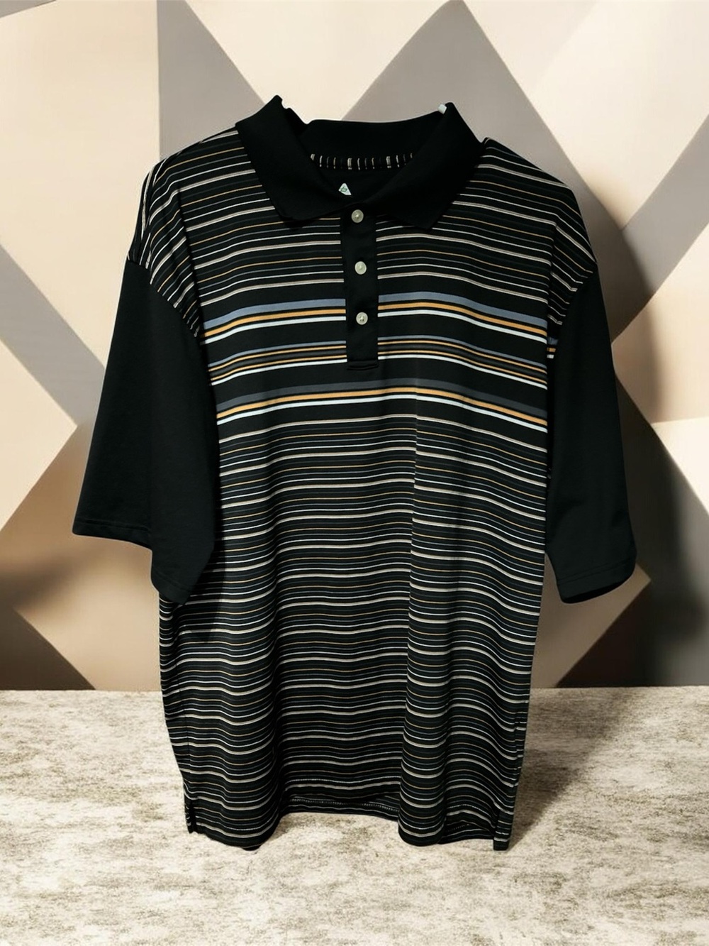 bolle Black Golf Polo with Thin White and Gold Stripes